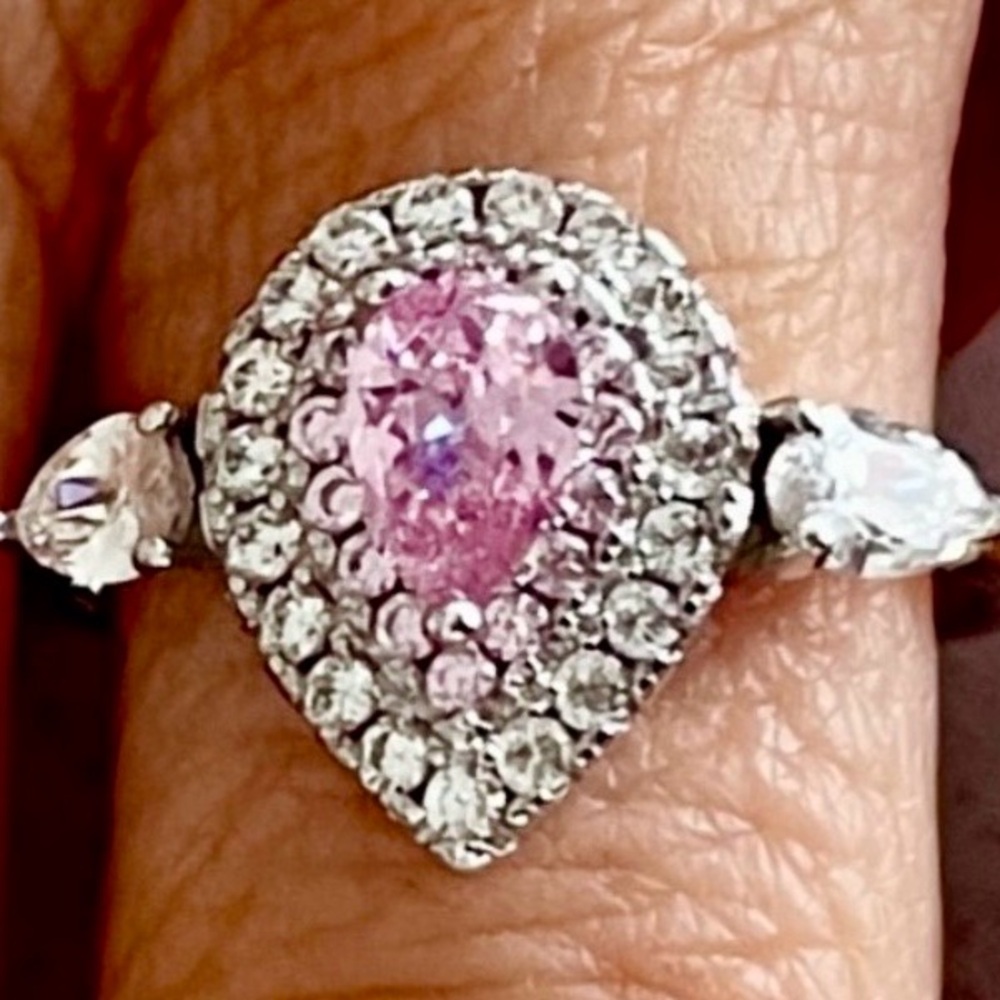 Elegant Pink and Solid 925 Sterling Silver Teardrop Ring